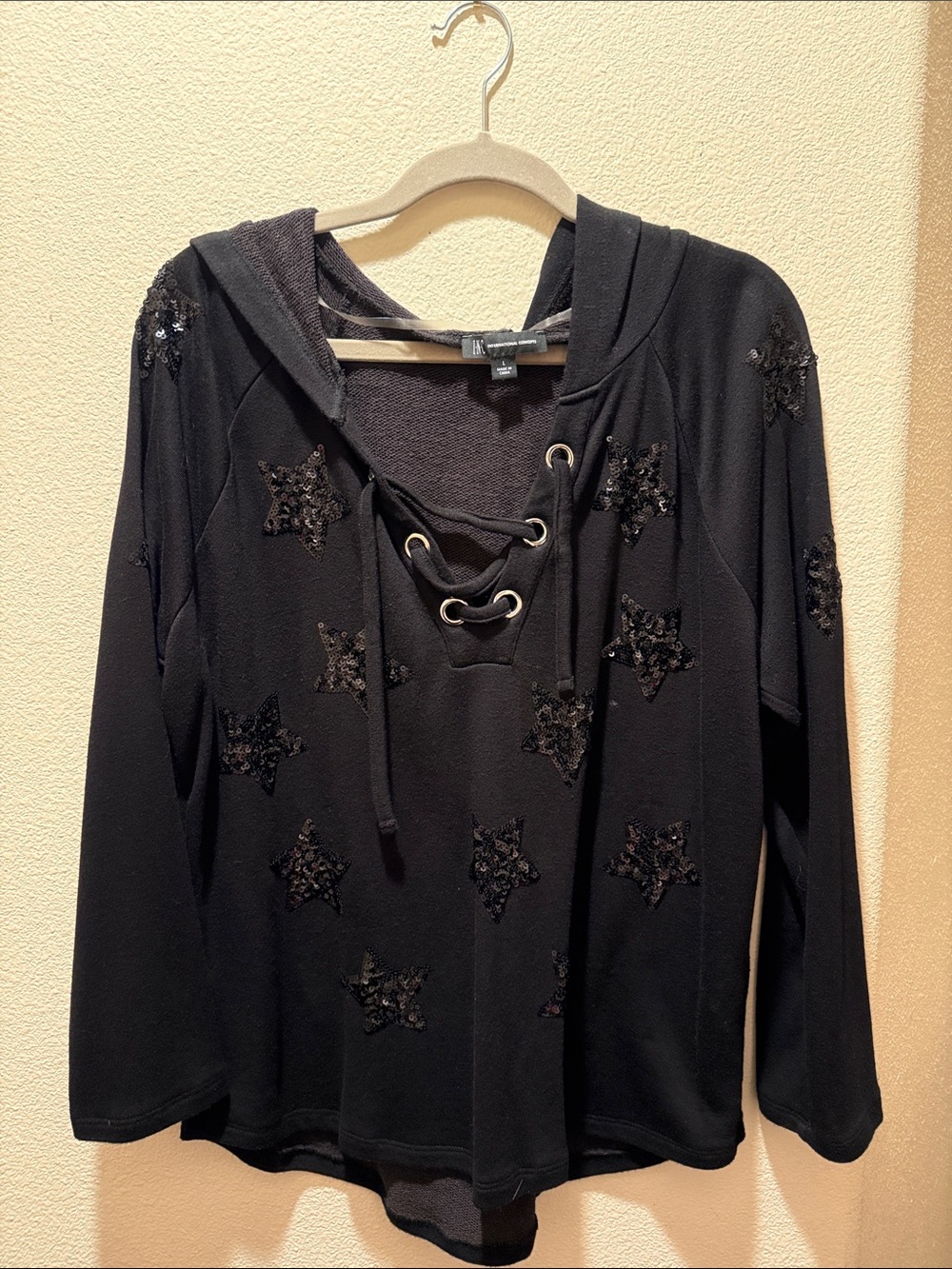 INC Lace-Up Hooded Star Sequin Black Top